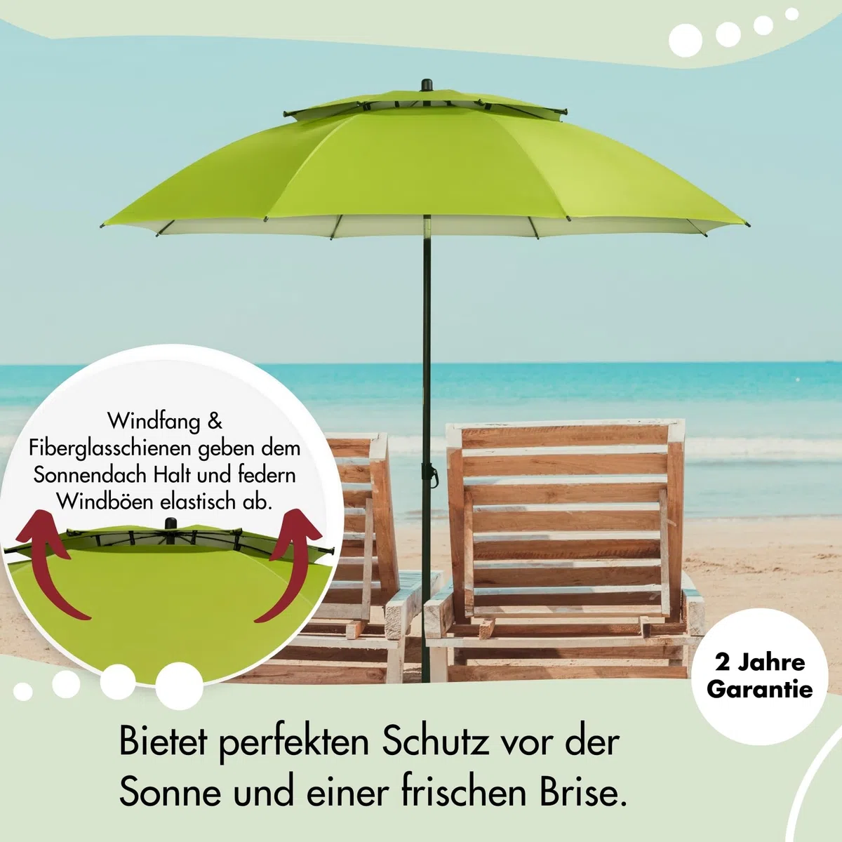 doppler derby Windprofi 200cm in Apfelgrün I Sonnenschirm für Strand sowie Balkon & Terrasse I Schirm höhenverstellbar I Mit UV-Schutz I knickbar I Für Freibad I Strandschirm