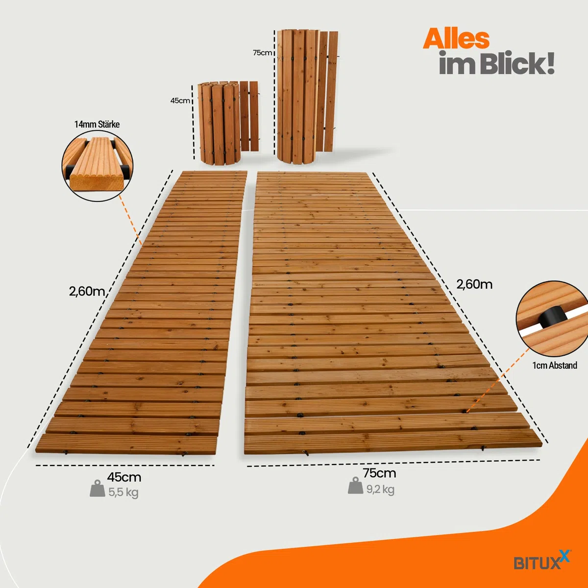 Bituxx Rollweg Holz Holzweg Gartenweg Gehweg Trittplatten Gartentritte Zedernholz ausrollbar 250x75cm
