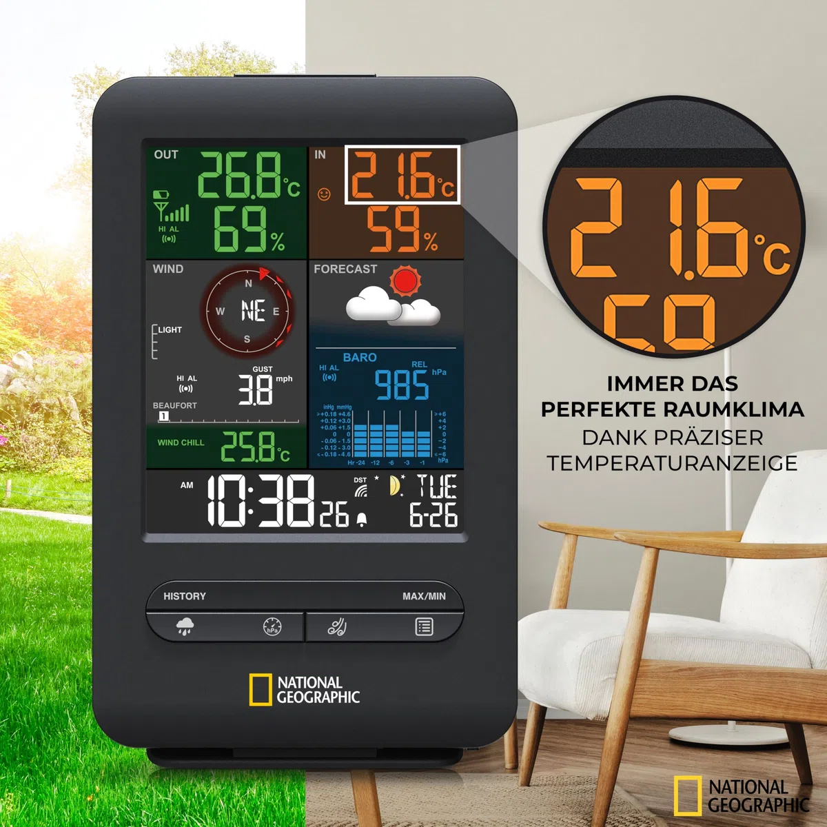 National Geographic Wetterstation Funk mit Außensensor Wetter Center 5-in-1 Colour mit Außensensor für Temperatur, Luftfeuchtigkeit, Luftdruck, Windmesser und Regenmesser, schwarz | Temperatur, Luftfeuchtigkeit, Regenmesser, Windmesser, Wettervorhersage,