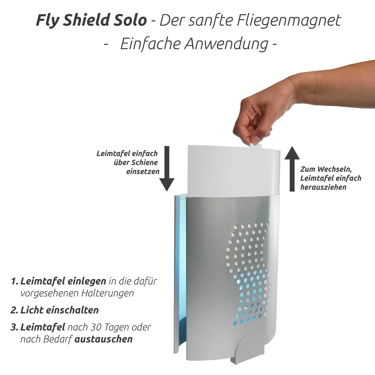Fly-Shield Solo UV-Fliegenfalle - Klebefolie - Standard - 1 Halter | Kompakte Ausführung für Innenräume, diskrete Kontrolle von Fliegen und Fluginsekten mit austauschbarer Klebefolie