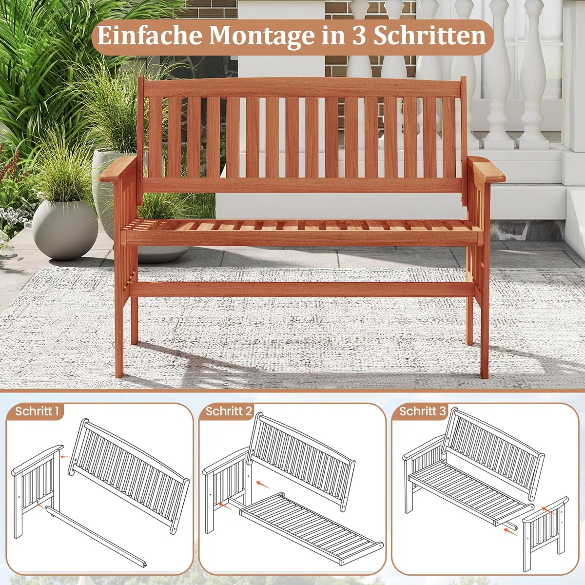 COSTWAY Gartenbank Holz, Holzbank wetterfest, 2-Sitzer Sitzbank, Balkonbank mit Armlehnen, Terrassenbank, Parkbank für Garten, Balkon, Terrasse, 119 x 59,5 x 89 cm
