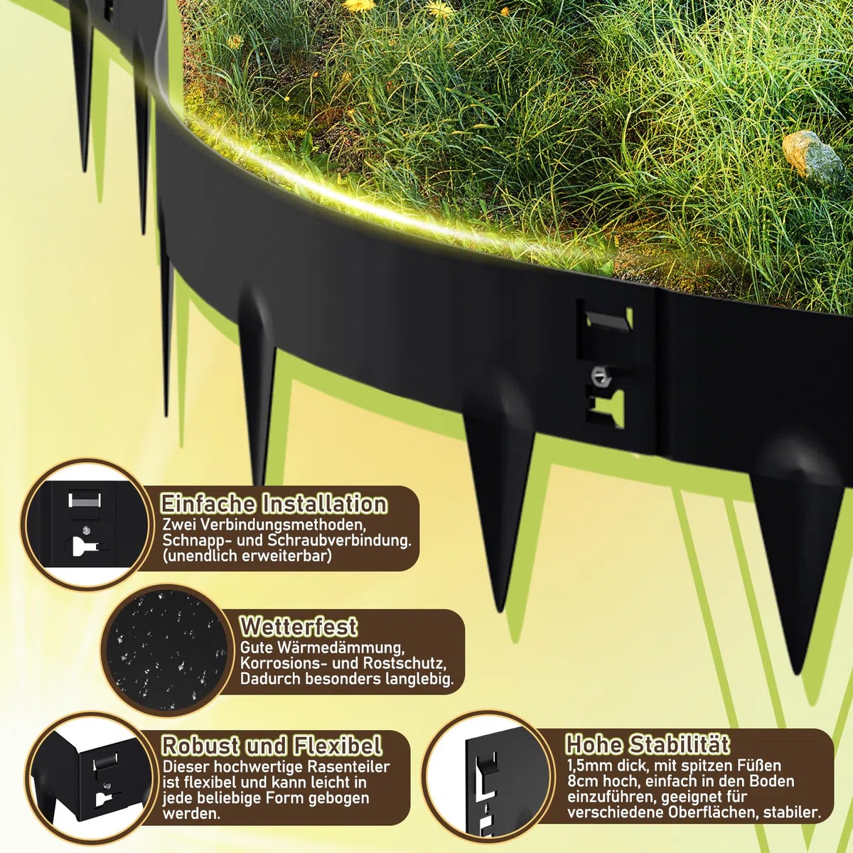 Rasenkante Metall, 100x18cm Beeteinfassung mit Dornen, Beetbegrenzung Rasenbleche Mähkante Metall Palisade, Flexible Verformbar Beetumrandung, Schwarz (Länge 5m - Höhe 18cm)