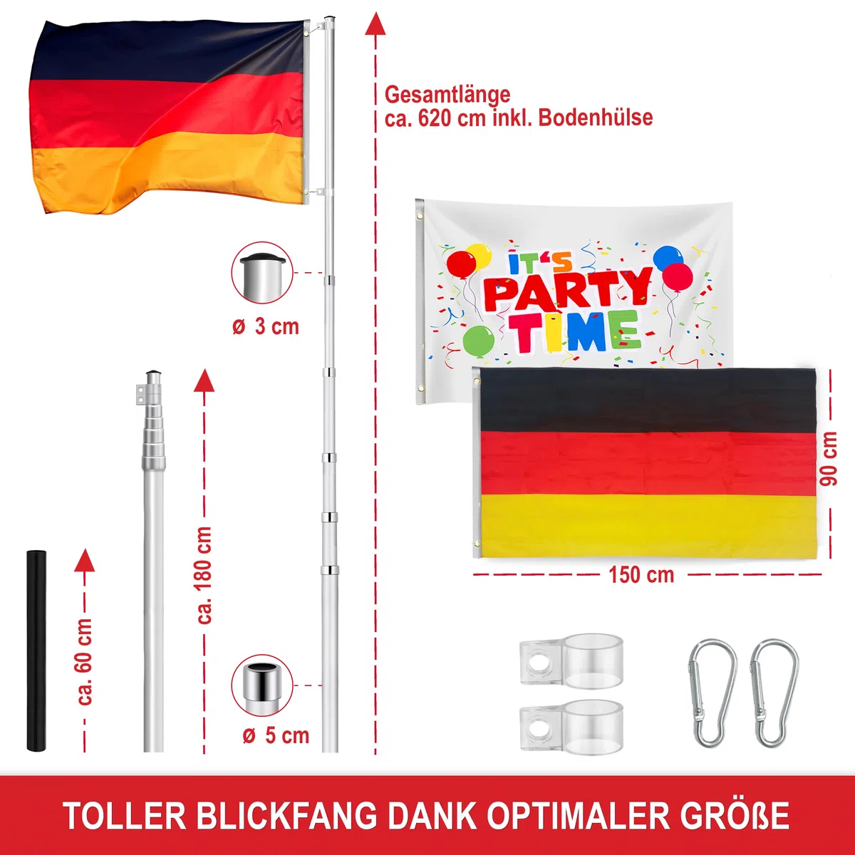Onbest Premium Fahnenmast, Flaggenmast – Alu Teleskopstange – höhenverstellbar – Fahnenmast im Set inkl. Zwei Flaggen, Bodenhülse – ideal für den Garten, Balkon, Deutschland Flagge