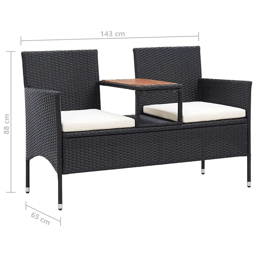 2-Sitzer Gartenbank mit Teetisch 143 cm Poly Rattan Schwarz Sitzbank mit integriertem Tisch und Sitzkissen für Balkon Terrasse Garten Lounge-Bank Zweisitzer Akazienholz