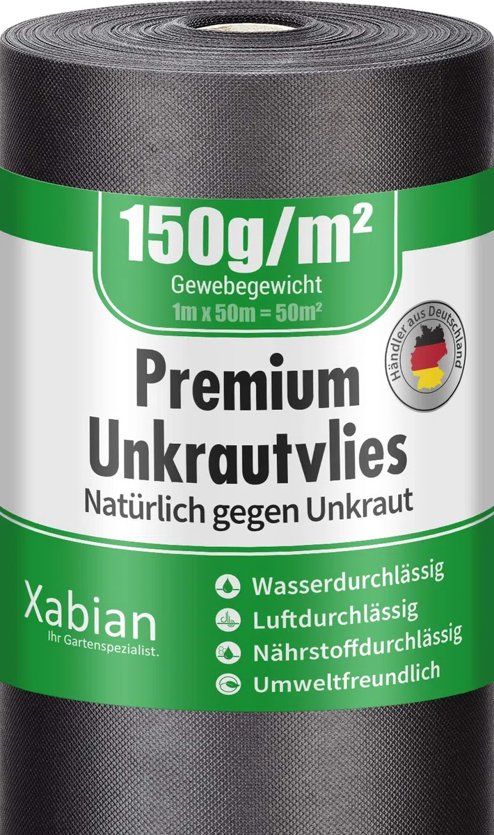 Anti Unkrautvlies 150g/m² Gartenvlies Rolle 50m x 1m = 50m² I Unkrautfolie sehr hohe UV-Stabilisierung - extrem reißfest und wasserdurchlässig