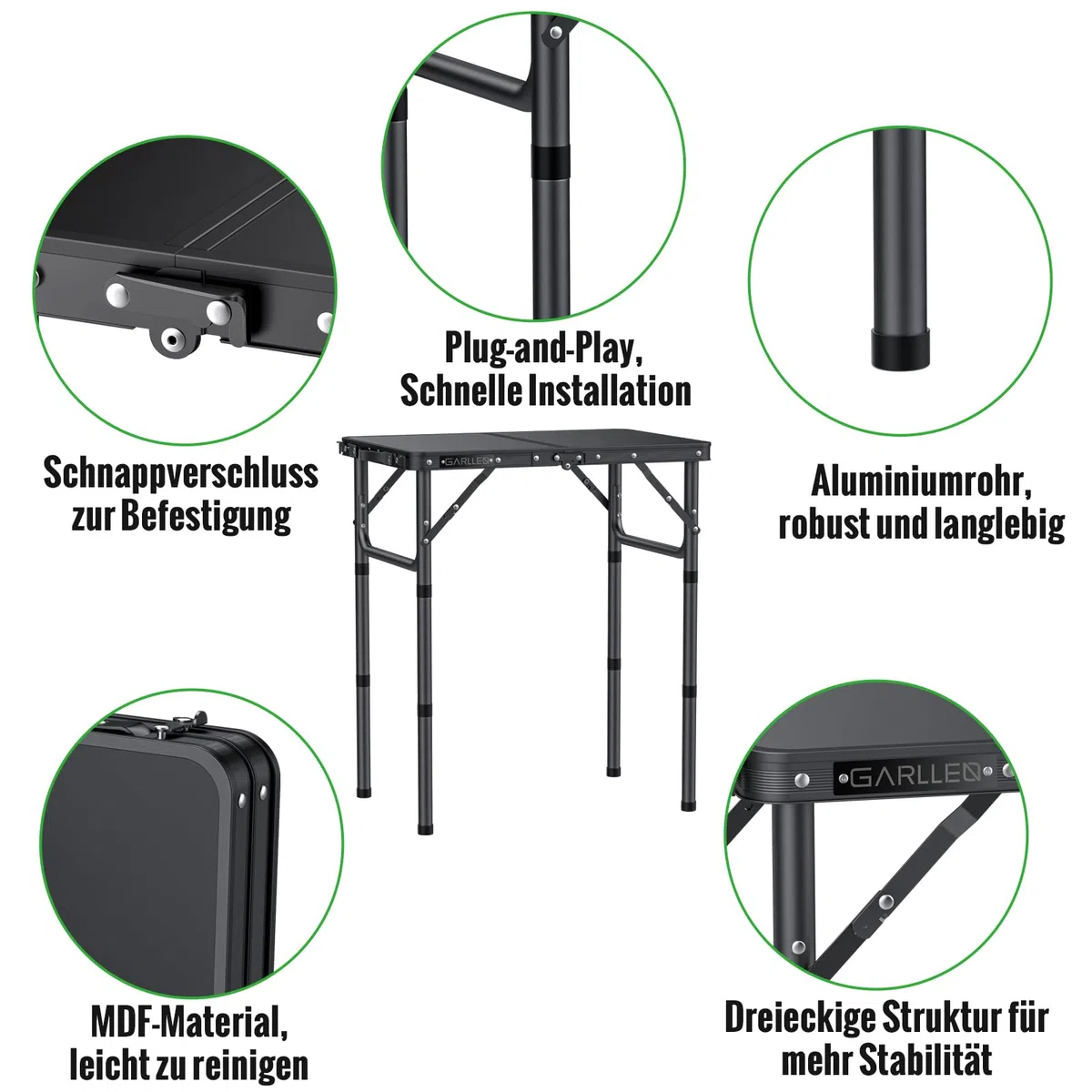 GARLLEN Campingtisch klappbar, 58x40cm & 3 einstellbare Höhen(26/48/70cm), Klapptisch Camping Tisch, Tragbar Beistelltisch Grilltisch Gartentisch Picknicktisch für Camping Picknick Garten (Schwarz)