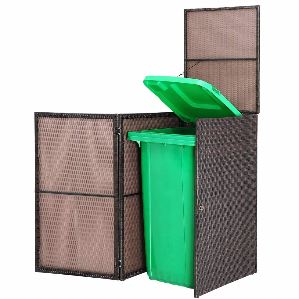 CASARIA Mülltonnenbox mit Klappdeckel + Verschluss für 240 Liter Mülltonne 115x80x65cm Mülltonnenverkleidung Poly Rattan Braun