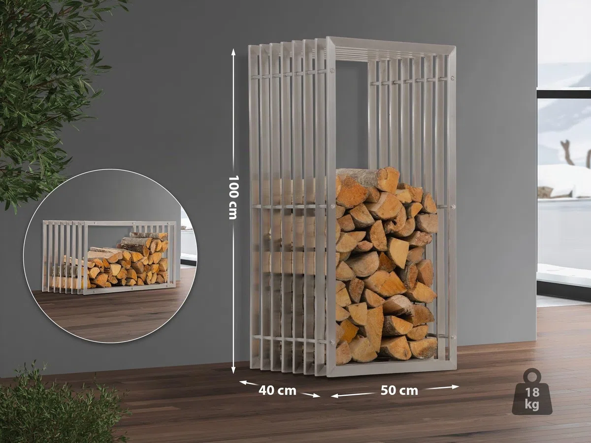 CLP Metall Kaminholzregal Irving Edelstahl I Robuster Und Handgefertigter Kaminholzständer I Brennholzregal Mit Sitzbankfunktion, Größe:40x50x100 cm