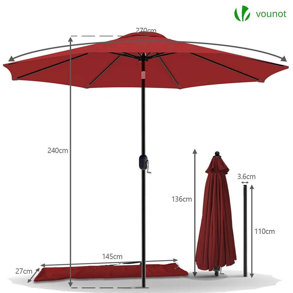 VOUNOT Sonnenschirm 270 cm mit Kurbelvorrichtung, Knickbar, Sonnenschutz UV-Schutz, Balkonschirm Gartenschirm Marktschirm mit Schutzhülle, Rot