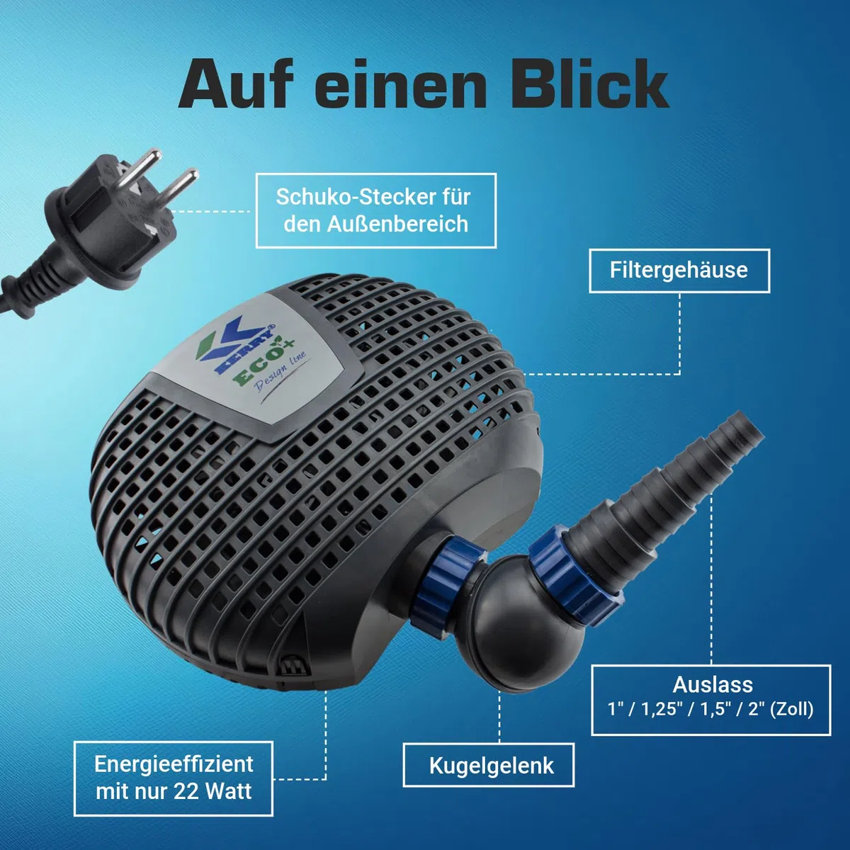ECO Teichpumpe KEE05000-5000 L/H, nur 22 Watt energiesparend, Vorfilterkammer, 3m Förderhöhe, 10m Kabel, Wasserpumpe für Brunnen, Teich und Bach, Brunnenpumpe | Gartenteichpumpe