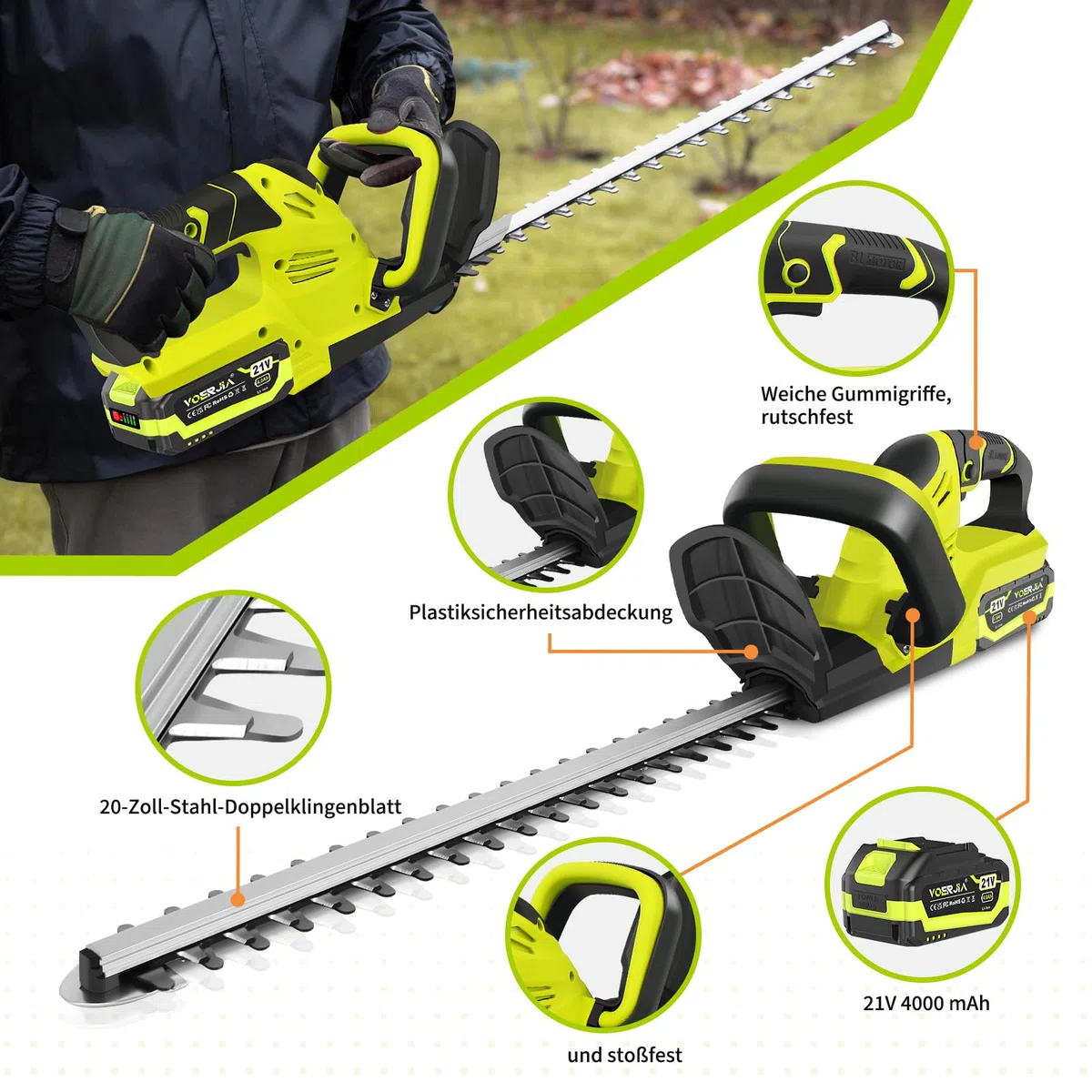 VOERJIA Akku Heckenschere 21V mit 2 Akkus, 50cm Messer, 15mm Schnittkapazität, Leistungsstarker bürstenloser Motor für Hecken am Zaun, Vorgarten & präzisen Formschnitt (Profi-Set)