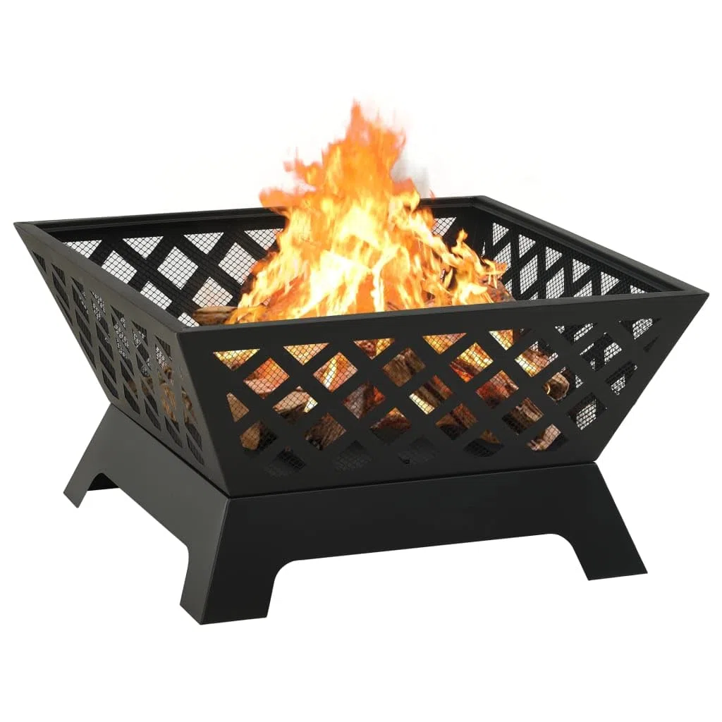 Feuerstelle mit Schürhaken 64 cm XXL Stahl, schwarzer Kamin ofen für terrasse und garten, mit funkenschutz, gitterabdeckung, wärme und deko für behaglichkeit im außenbereich