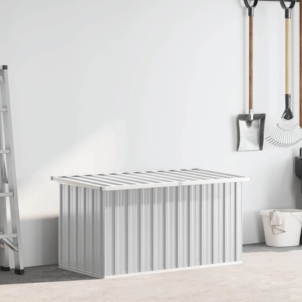 Gartenbox Grau 129x67x65 cm Stilvolle Aufbewahrungsbox für Terrasse Balkon Garten, Robustes Verzinktes Stahlgehäuse, Geräumige Lagerung für Kissen Werkzeug Gartengeräte,