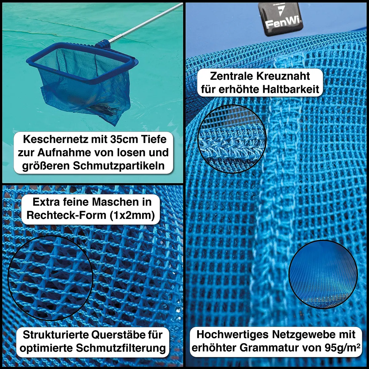 FenWi 6m Komplett Set zur Pool und Teich Reinigung und Pflege / 2X Kescher und 2X Bürste/Teleskopstange mit Oberflächenkescher Tiefenkescher Poolbürste Teichbürste