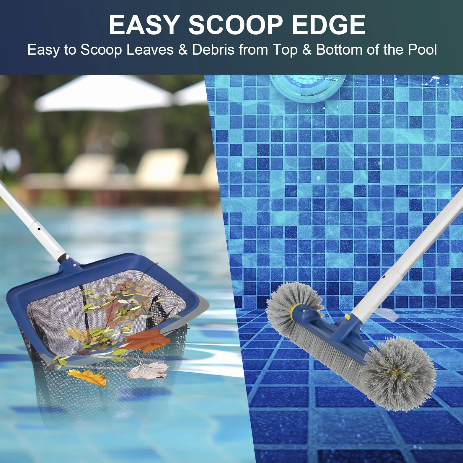 POOLAZA Pool Reinigungsset, feinmaschiges Pool Kescher Netz & Poolbürste mit runden Enden zum Reinigen, Pool Kescher stabilem Rahmen & 46cm Bürste integriertem Griff, passend für Standard Stange