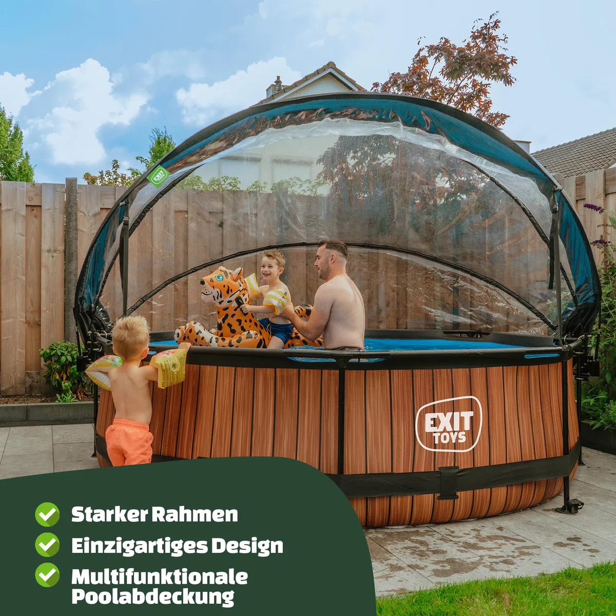 EXIT Toys Aufstellpool Rund ø 300 x 76 cm mit Abdeckplane – Pool mit Dach Für Kinder Geeignet – Filterpumpe, TÜV Geprüft – Wood – Braun