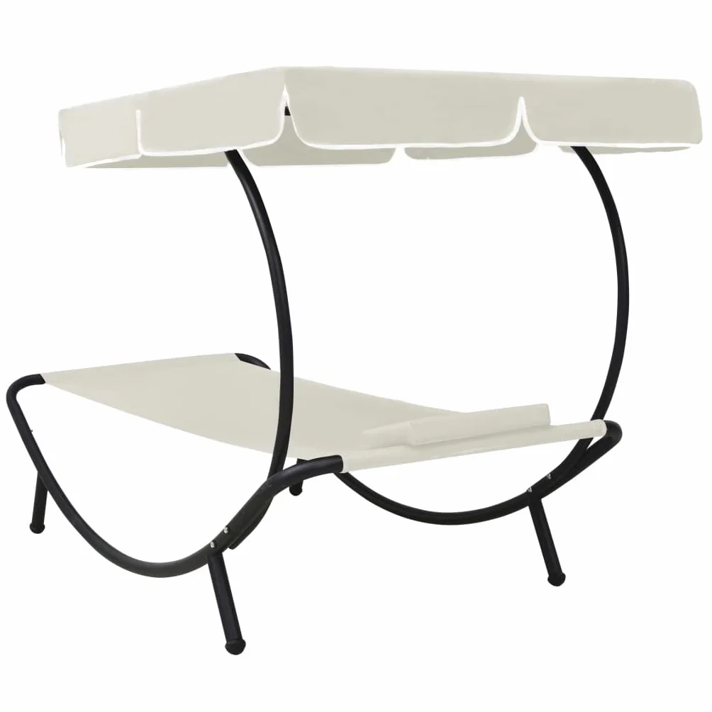 Garten-Sonnenliege Cremeweiß mit Kissen verstellbar klappbar faltbar wetterfest Dach Sonnenschutz für Terrasse Balkon Pool Outdoor Lounge Relaxliege mit Armlehne und Polster