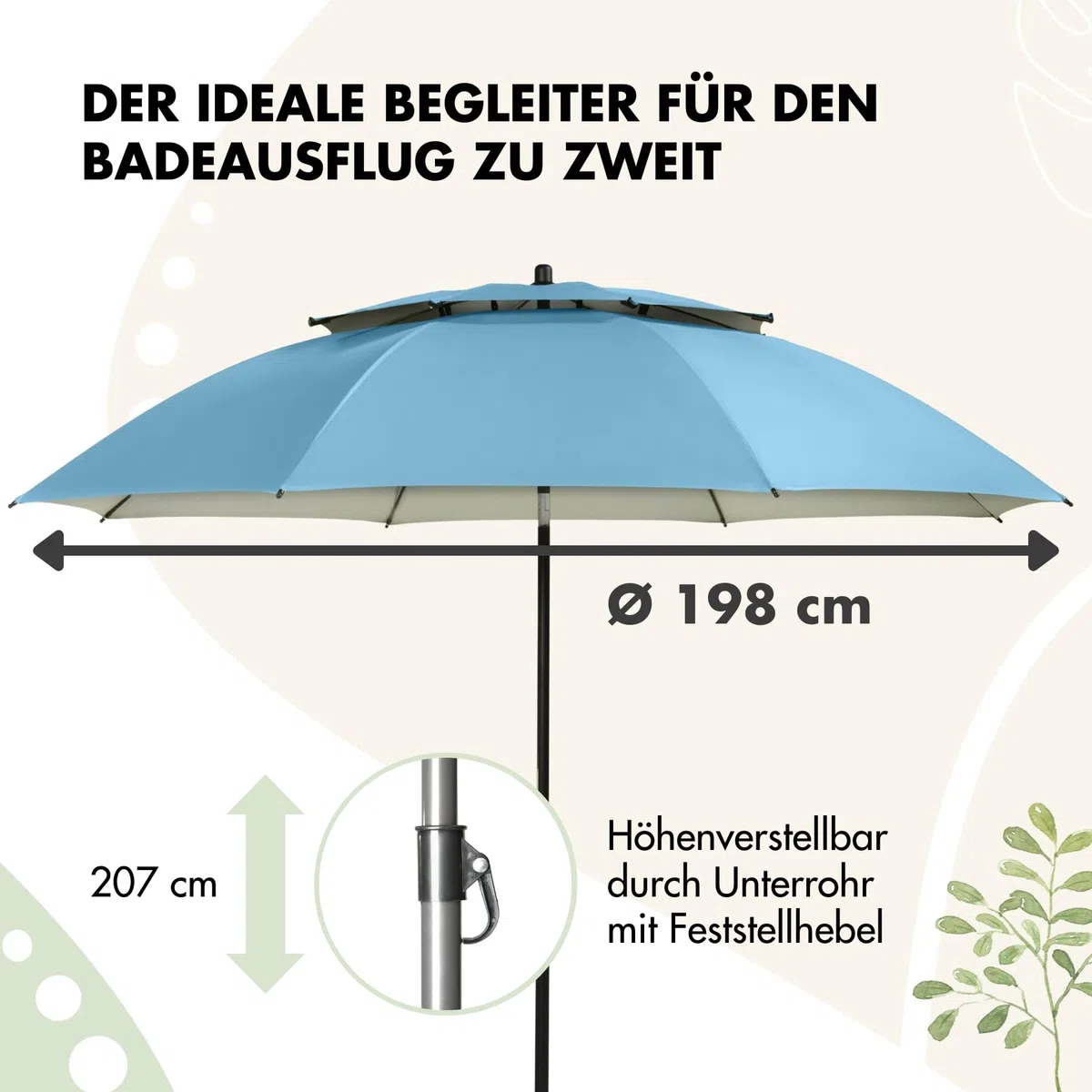 doppler derby Windprofi 200cm in Apfelgrün I Sonnenschirm für Strand sowie Balkon & Terrasse I Schirm höhenverstellbar I Mit UV-Schutz I knickbar I Für Freibad I Strandschirm