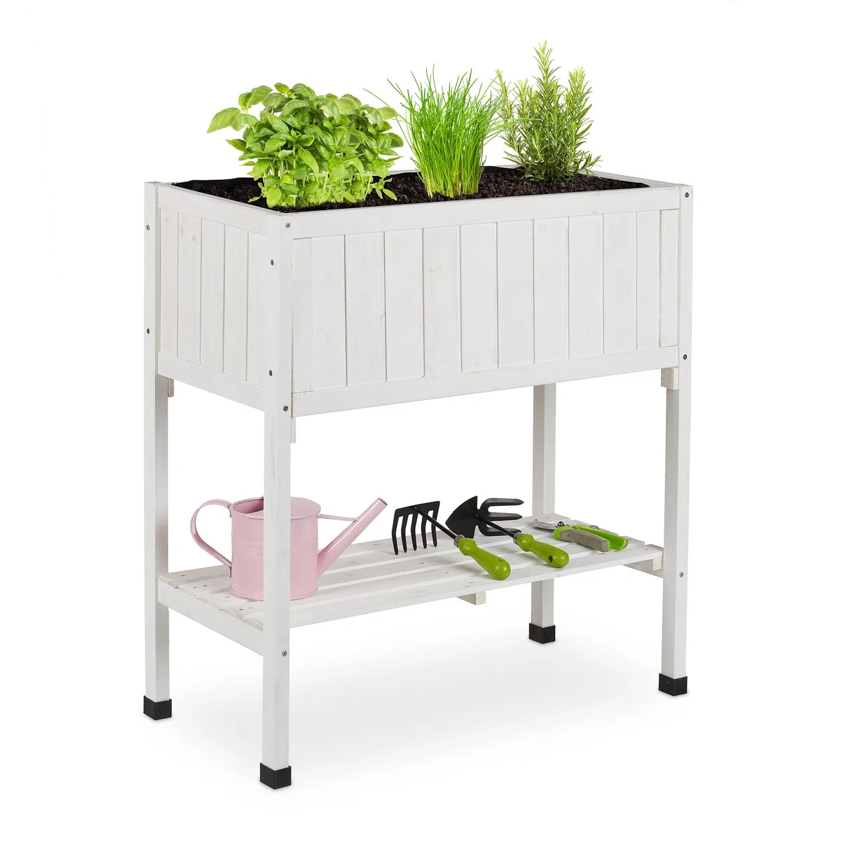 Relaxdays Hochbeet, Folie, Ablage, HxBxT: 80 x 74 x 38 cm, Garten, Balkon & Terrasse, Pflanztisch, Tannenholz, weiß
