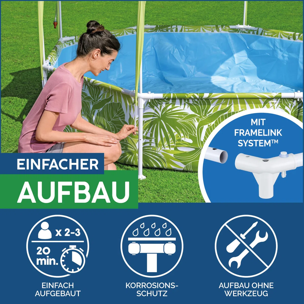 Bestway Steel Pro Frame Pool mit Sonnenschutzdach 244x51 cm – Runder Gartenpool mit Sprinkler & UV-Schutz, Aufstellpool für Kinder & Familie, Grünes Blätter-Design Sommer