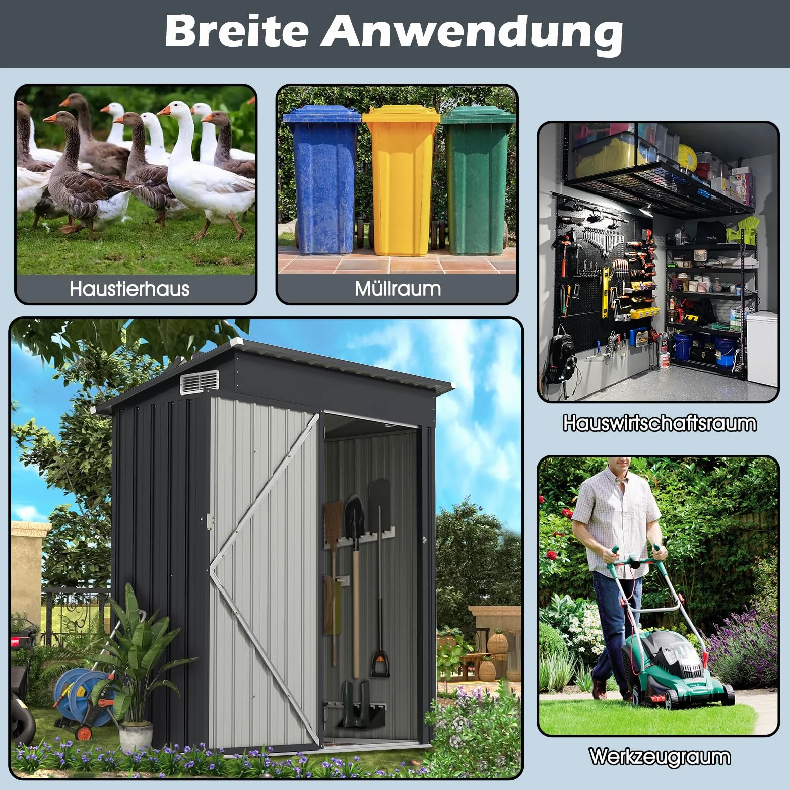 COSTWAY Gartenhaus Metall, Gerätehaus mit Pultdach & Tür (Dunkelgrau) | Geräteschuppen abschließbar, Gartenhütte Gartenschuppen, Garten Schuppen Outdoor, 150 x 90,5 x 185 cm | 1,5 m³
