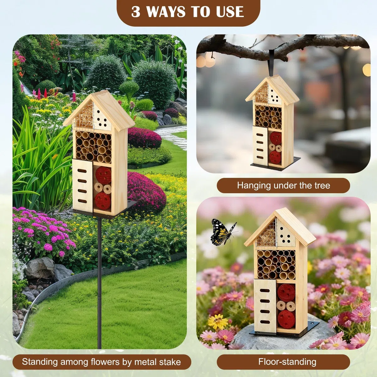 Novabright Insektenhaus aus Holz mit Metallpfahl Insektenhotel Bienenhaus Natur Käfer Lebensraum für Biene Schmetterling Marienkäfer Nützlich Käfer Outdoor Garten Hinterhof