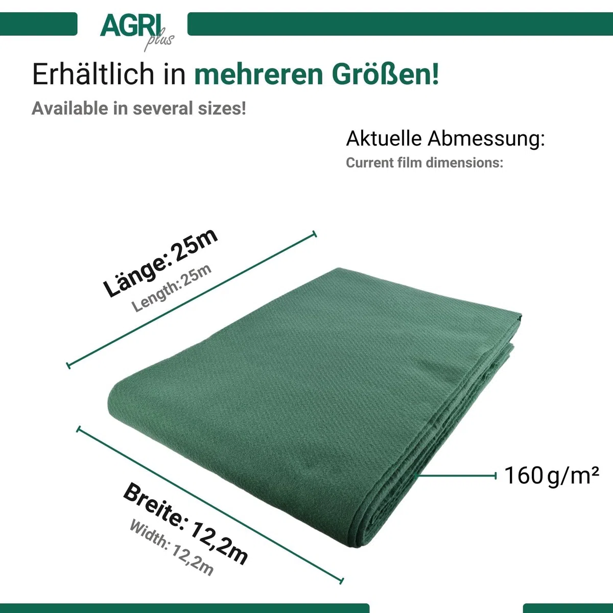 AGRI plus Strohvlies 12,20 x 25 m - mit 36 Kunststoffnägeln I 160 g/m² Schutzvlies aus Polypropylen I Reißfestes Heuvlies für langfristigen Schutz I Abdeckvlies wetterfest & UV-beständig