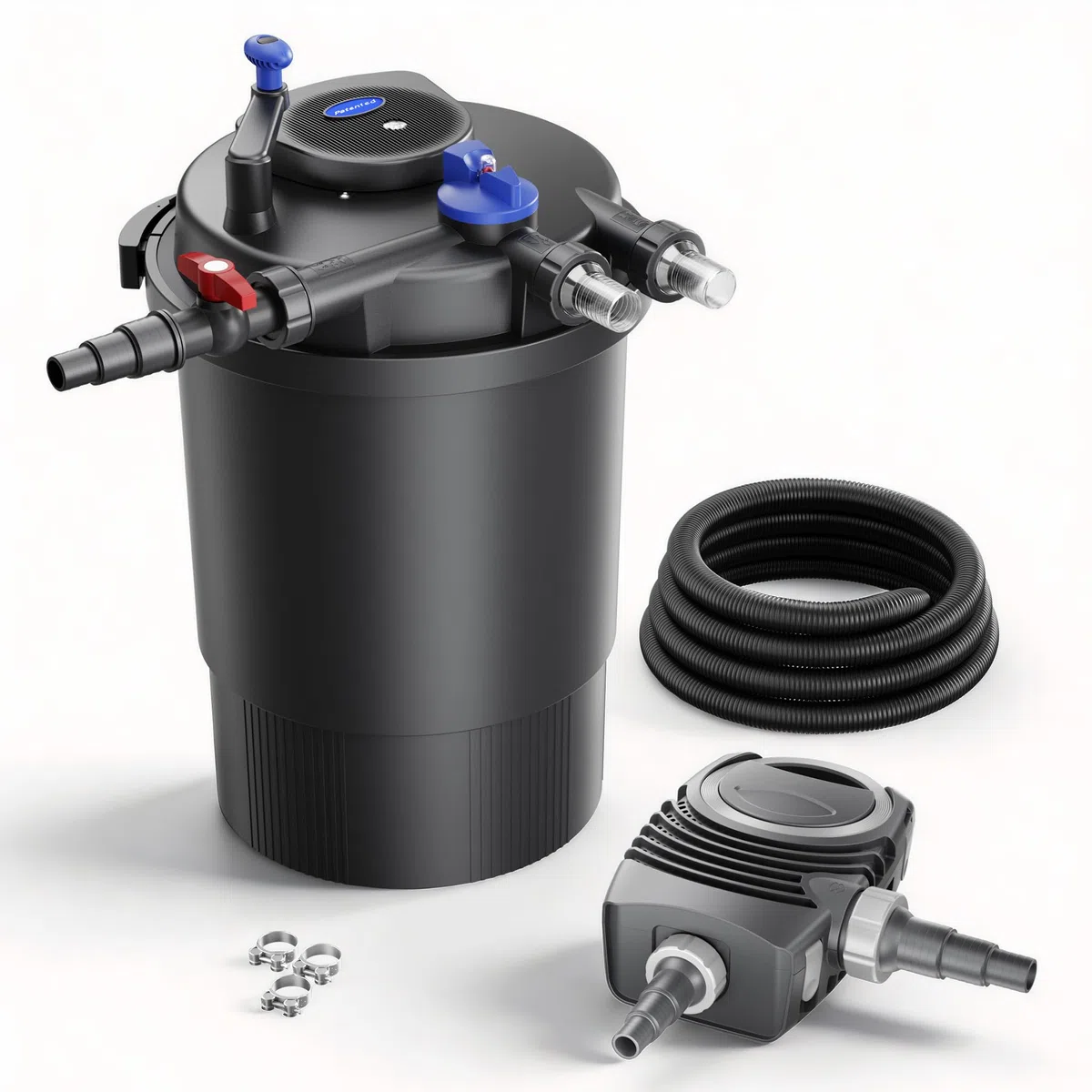 SunSun Komplettset: CPF-30000 Teichdruckfilter bis 12000 L mit 55 Watt UV-C Teichklärer, NEO8000 SuperEco Teichpumpe 8000l/h 70W, 10m Teichschlauch 38 mm (1 1/2"), Schlauchschellen W1 44-47mm