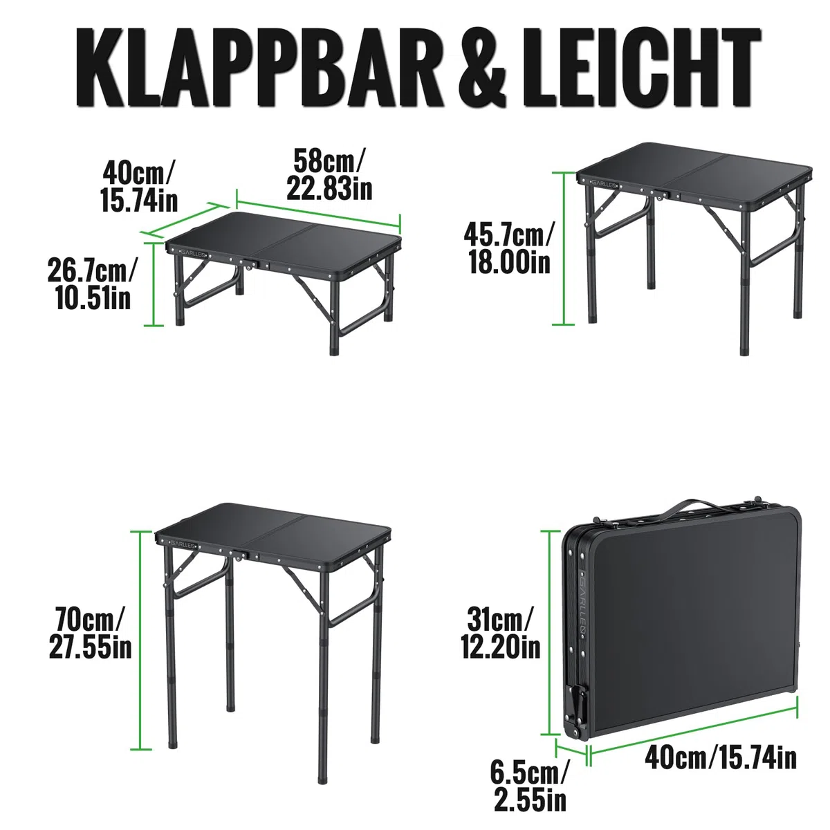 GARLLEN Campingtisch klappbar, 58x40cm & 3 einstellbare Höhen(26/48/70cm), Klapptisch Camping Tisch, Tragbar Beistelltisch Grilltisch Gartentisch Picknicktisch für Camping Picknick Garten (Schwarz)