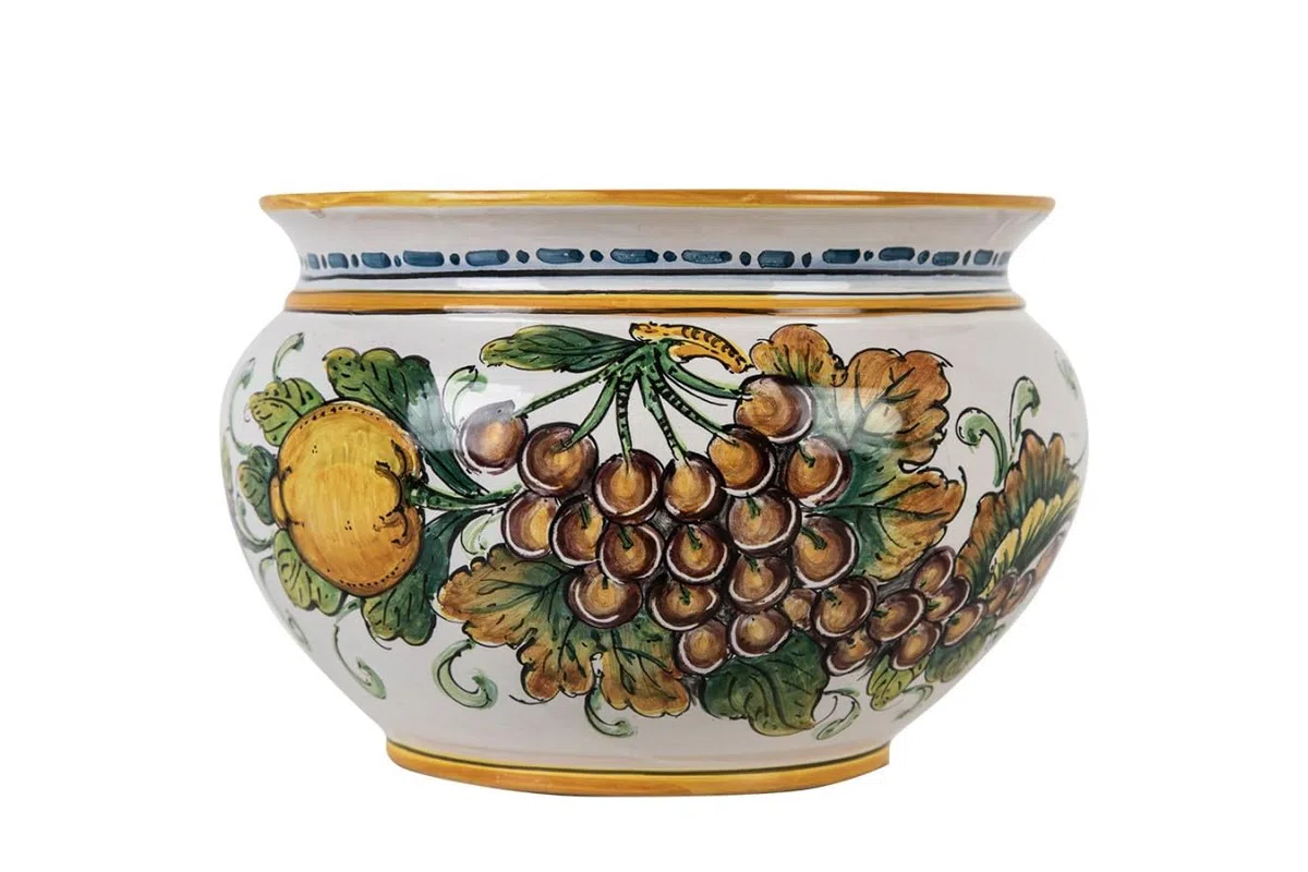 Cerames Pflanzkübel Keramik im sizilianischen Stil von Caltagirone Vaso di Limoni e Uva S – Italienischer Blumenkübel, runder Blumentopf für Innenbereich und Fensterbank, Ø 20 cm, Höhe 15 cm