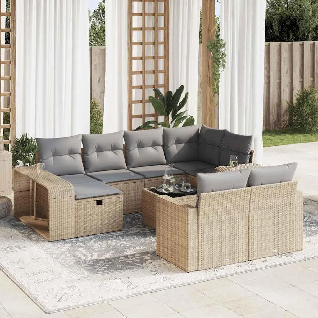 11-TLG Garten-Sofagarnitur mit Kissen Beige Poly Rattan wetterfestes Polyrattan Geflecht Sitzgruppe für Terrasse Balkon Veranda mit Tisch, Fußhocker, Regal