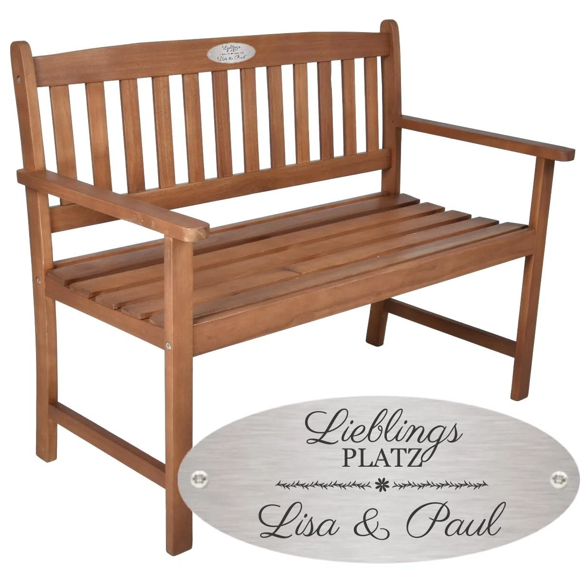 Bank zur Hochzeit mit Gravur zB. Lieblingsplatz (Namen) Gartenbank Basic 110cm Akazie geölt, Edelstahlschild personalisiert, Bank Geschenk zur Vermählung