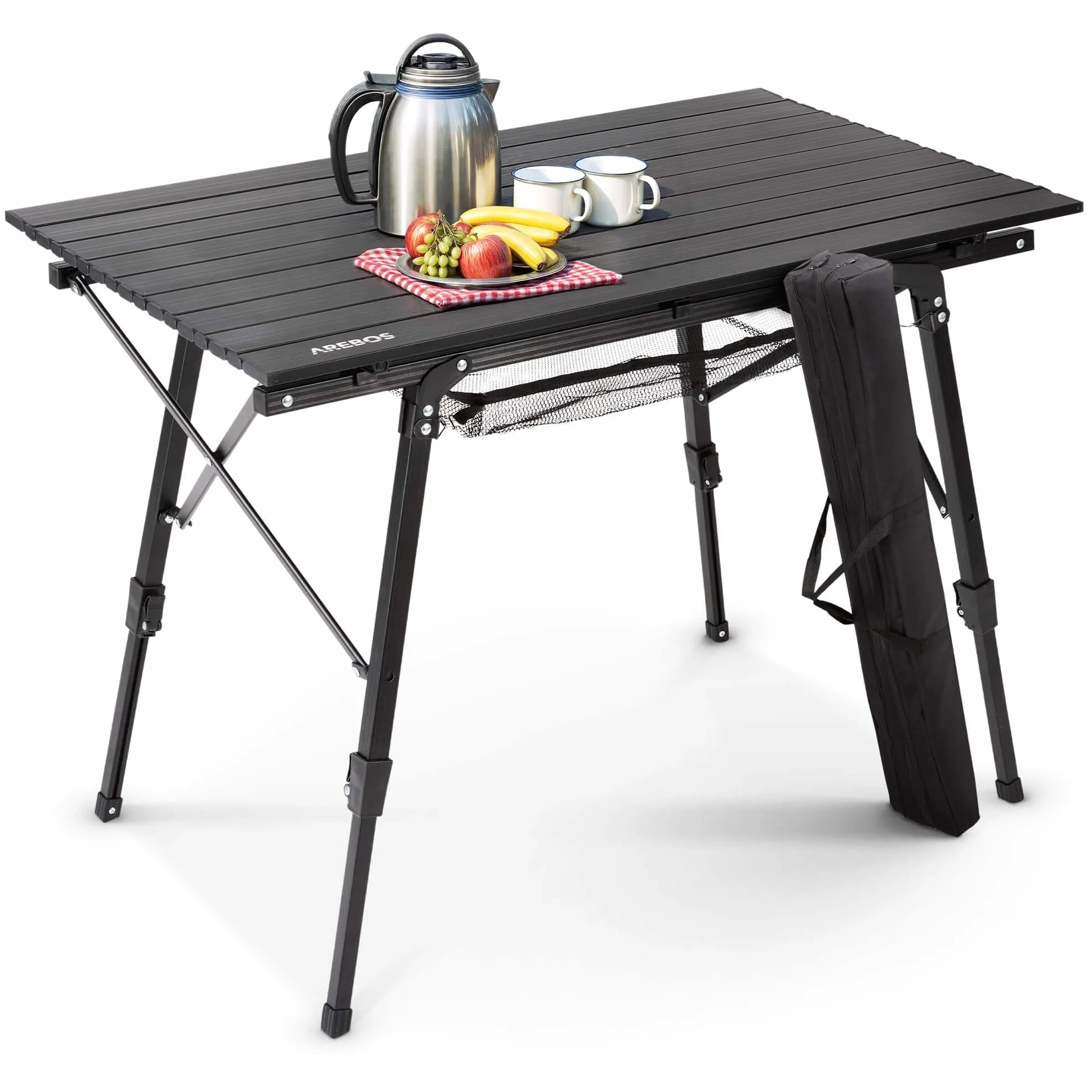 Arebos Campingtisch faltbar 90 x 51,5 cm | Klapptisch höhenverstellbar 47-69 cm | Camping Zubehör, Garten, Grill, Picknick | Camping Tisch klappbarer Falttisch | Reisetisch inkl. Tragetasche | Schwarz