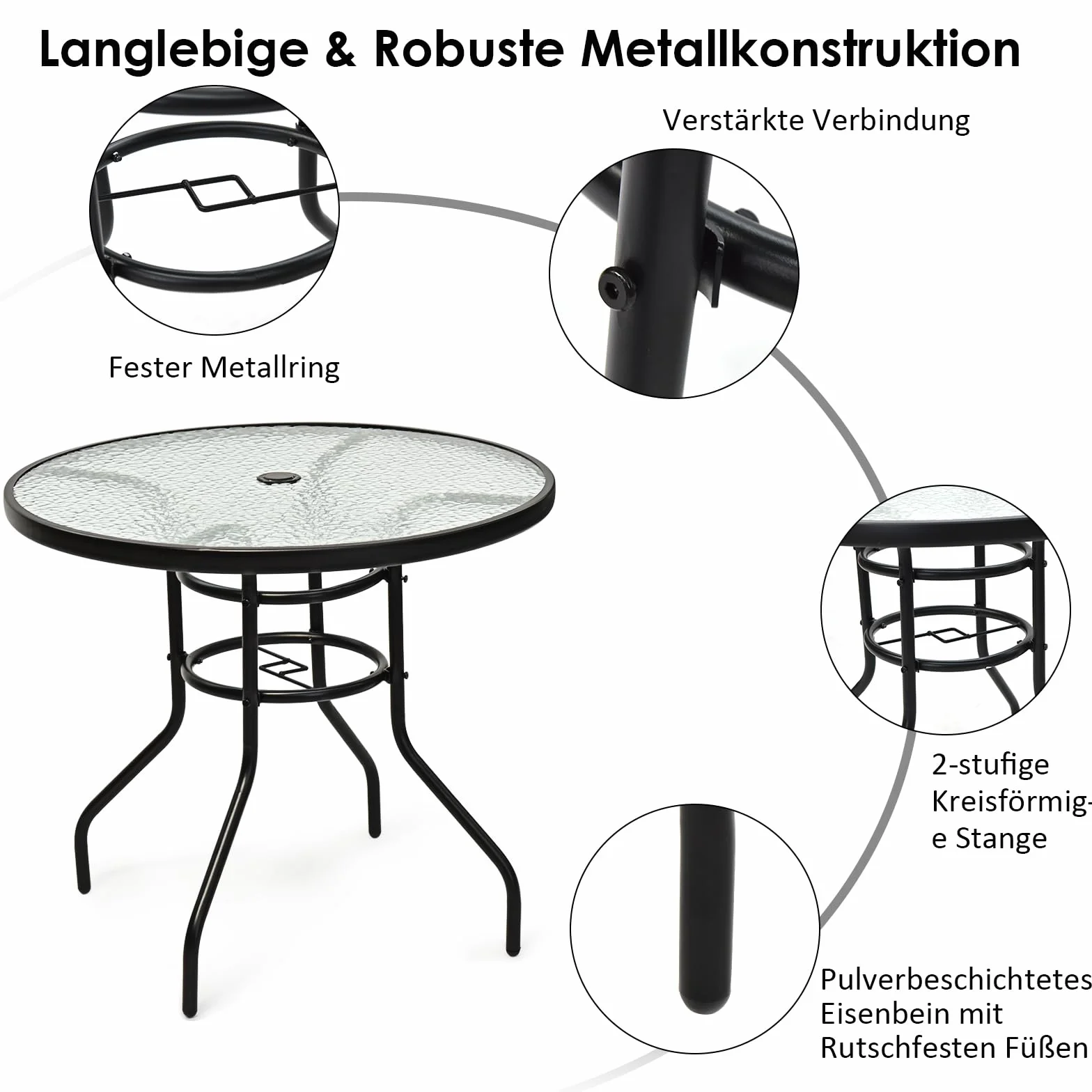 GOPLUS Gartentisch mit Schirmloch, Balkontisch mit Glasplatte & Metallrahmen, Terrassentisch Beistelltisch Bistrotisch Glastisch Esstisch für Garten & Terrasse (Rund)
