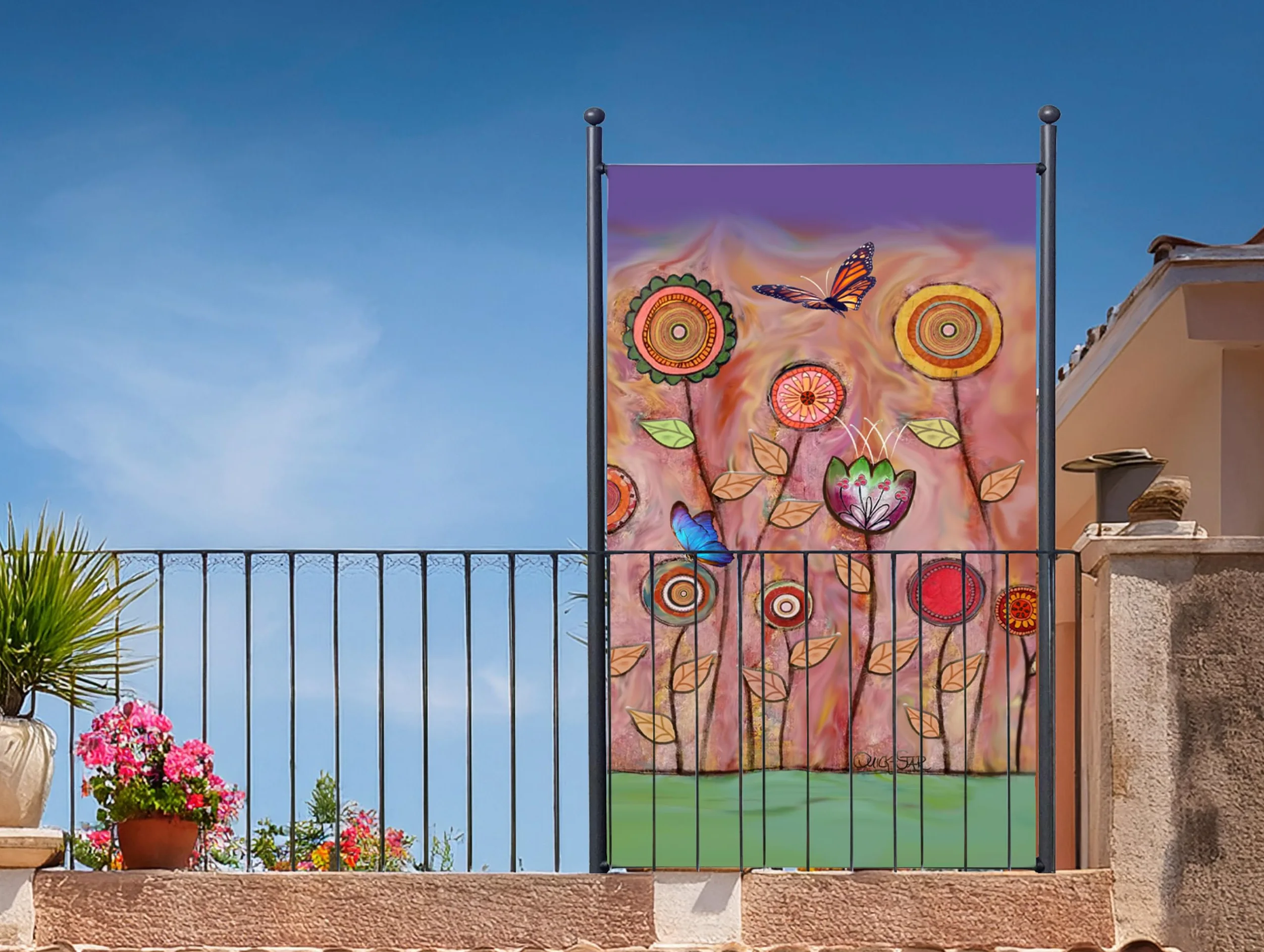 QUICK STAR Paravent Outdoor Wetterfest 180 x 78 cm Retro Flowers | Raumteiler Stellwand Innen | Garten & Balkon Sichtschutz Blickdicht