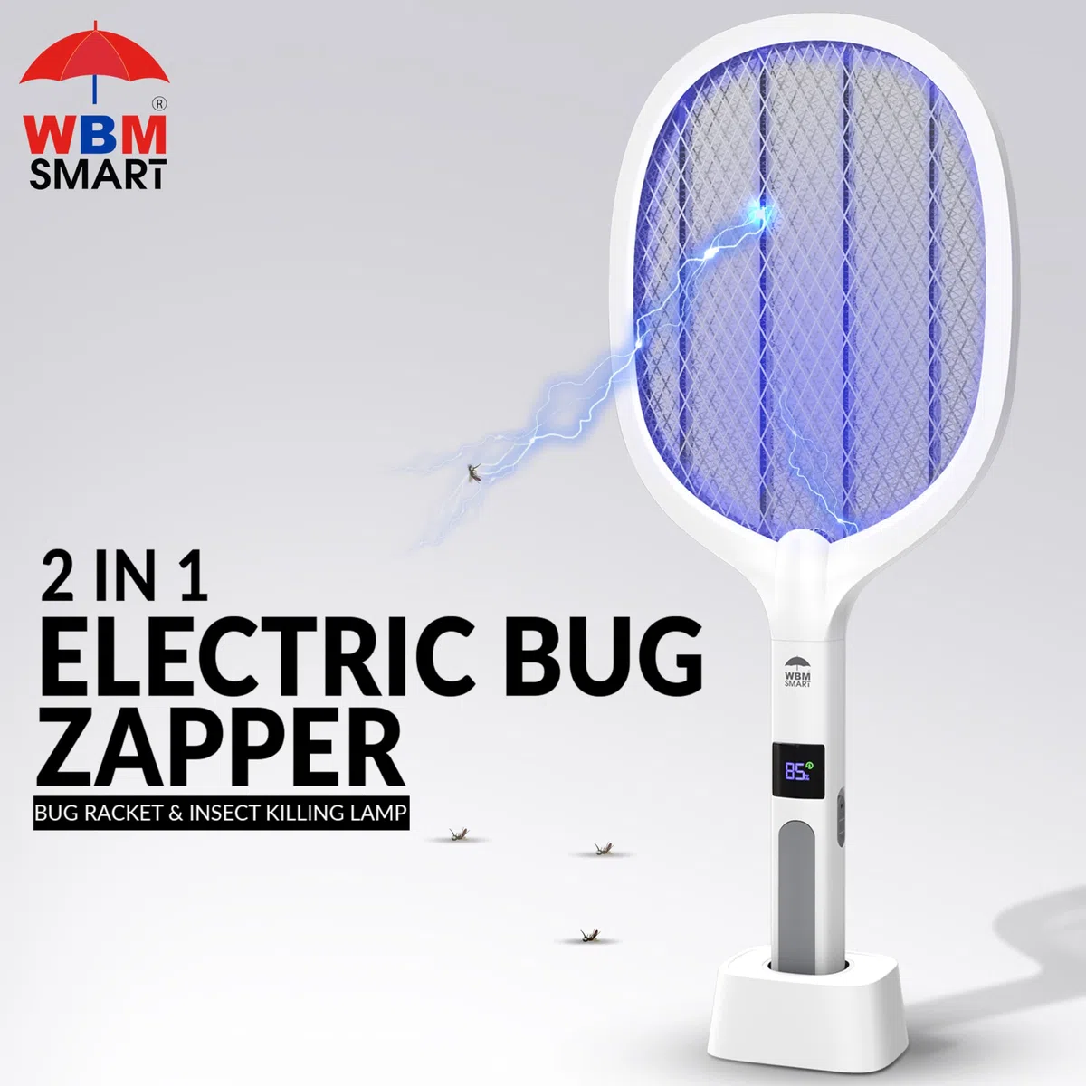WBM SMART 2 in 1 Elektrischer Insektenvernichter, Mückenfalle Lampe & Schläger, USB Wiederaufladbare Elektrische Fliegenklatsche für Zuhause und Draußen, Leistungsstarkes Gitter, 3-lagiges