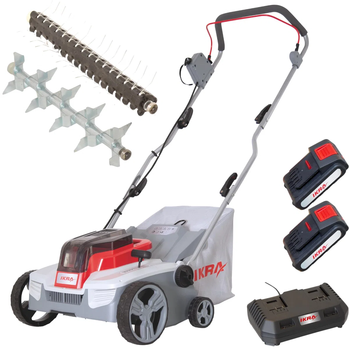 IKRA Akku Vertikutierer Rasenlüfter 3in1 IAVL 2-2032, Arbeitsbreite 32cm | Inkl. 2x Akku 20V 2,0Ah & Schnelllader, Fangkorb 30l, +3 bis -9mm, werkzeugloser Walzenwechsel, 20V-Akku-Familie von IKRA