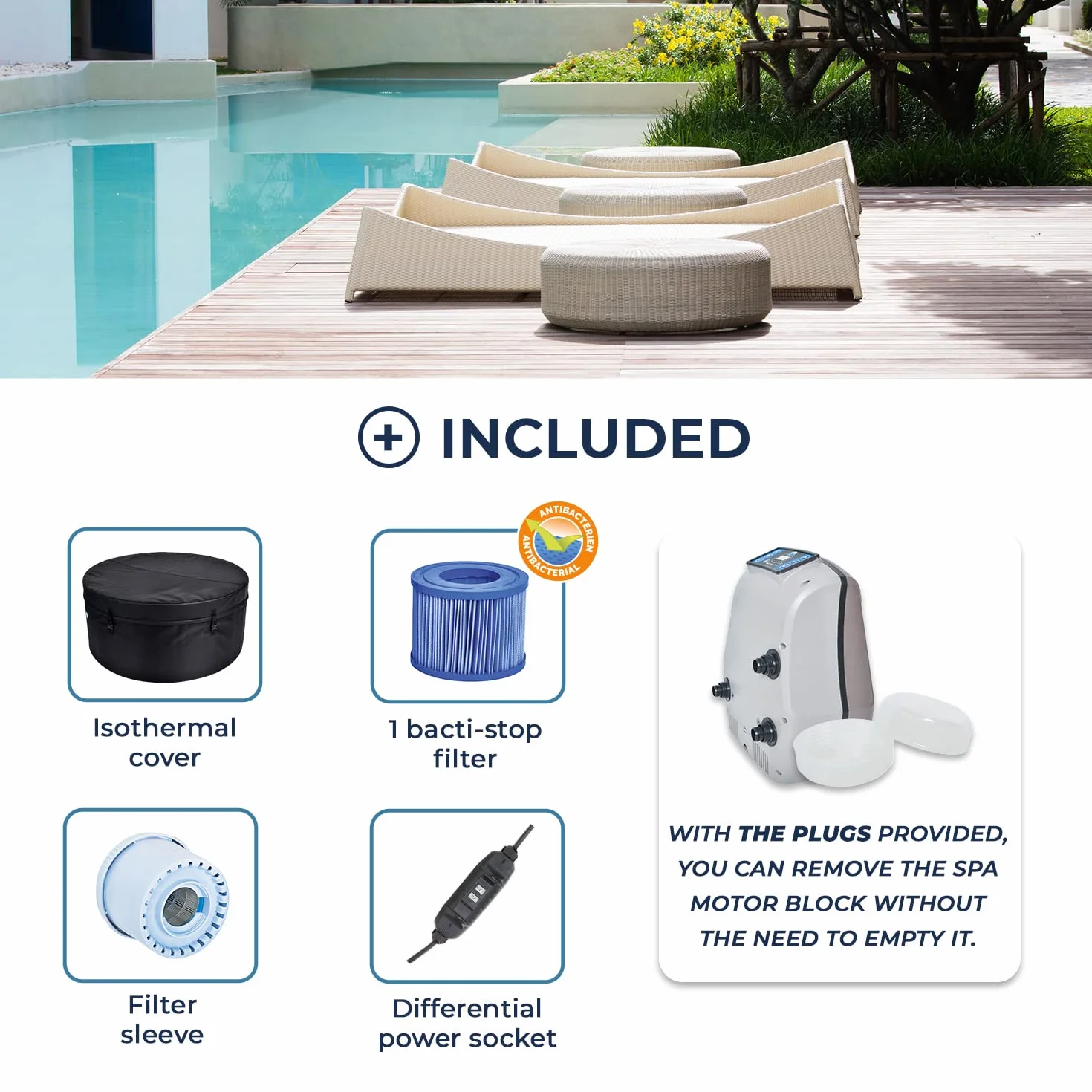NETSPA - SP-VIP140/MOB2 – NetSpa Vita – halbstarr + Möbel (5 Elemente) – Spa tragbar – rund – 4 Sitzer