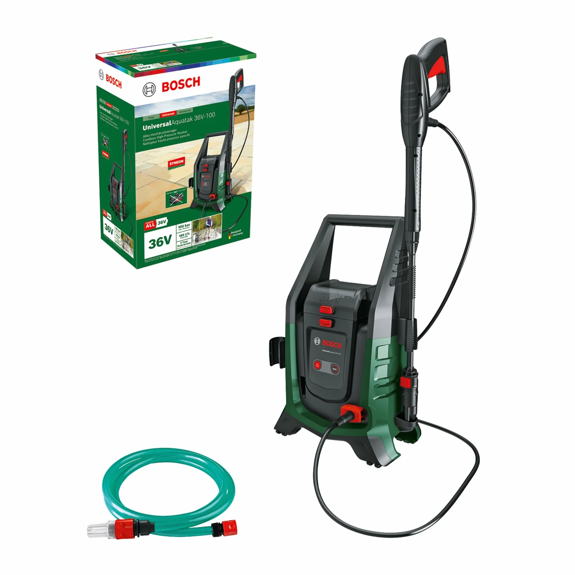 Bosch Akku-Hochdruckreiniger UniversalAquatak 36V-100 (ohne Akku/Ladegerät) | Für die Reinigung zu Hause oder unterwegs; 36-Volt-System; bis zu 45 Minuten Laufzeit; selbstansaugendes Set