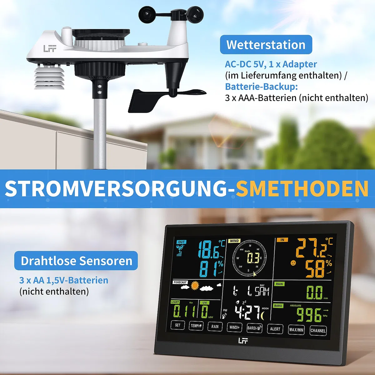 LFF 7-In-1 Wetterstation Funk mit Außensensor, 7,5-Zoll-Display Funkwetterstation mit DCF-Funkuhr, Wetterstation mit 4-Stufen Hintergrundbeleuchtung, UV-Index,Windmesser, Regenmesser, Wettervorhersage