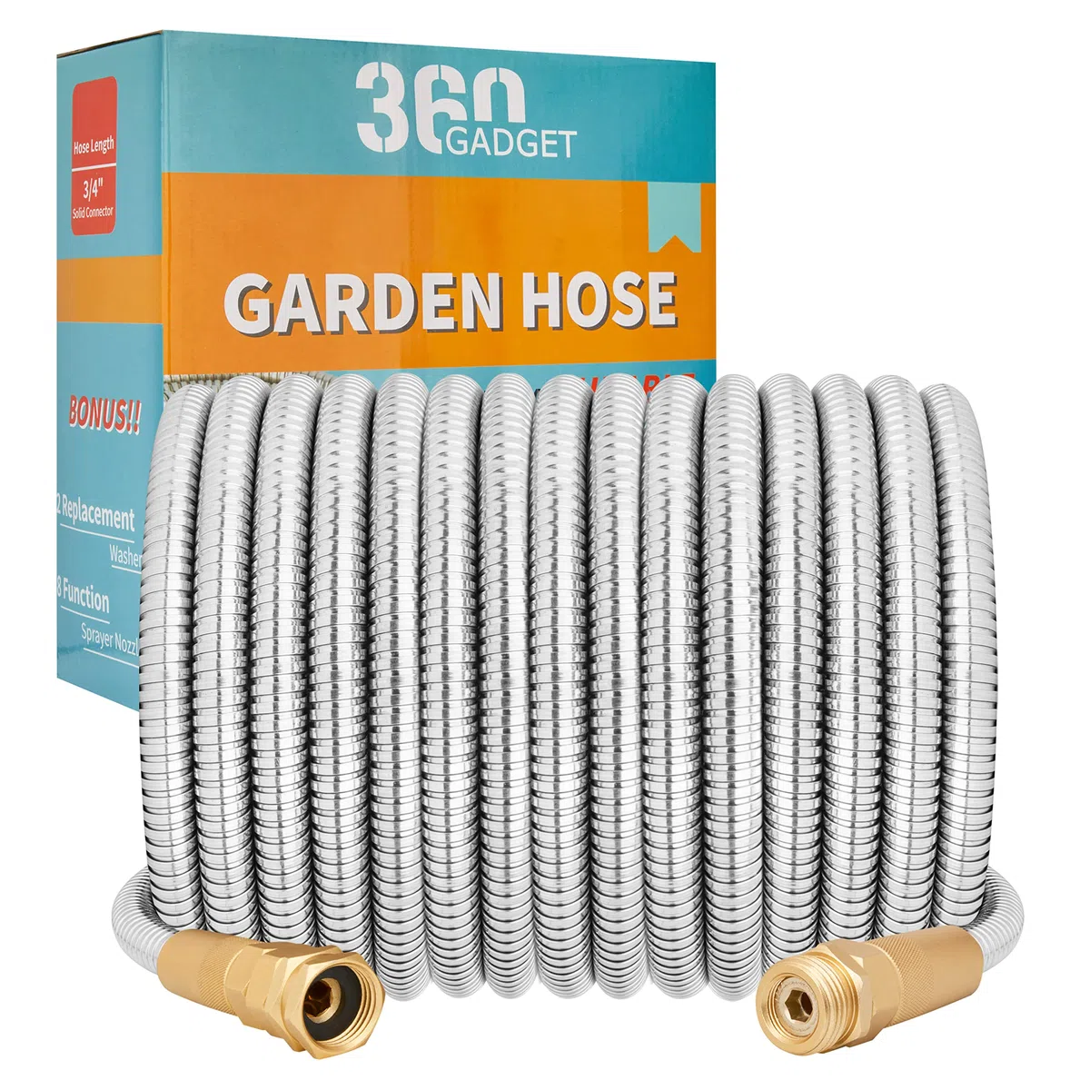 360Gadget Gartenschlauch aus Metall – 22.9 m robuster Edelstahl-Wasserschlauch mit 8 Funktionen Sprüher und Metallbeschlägen, flexibel, leicht, kein Knicken, Außenbereich, Wohnmobil