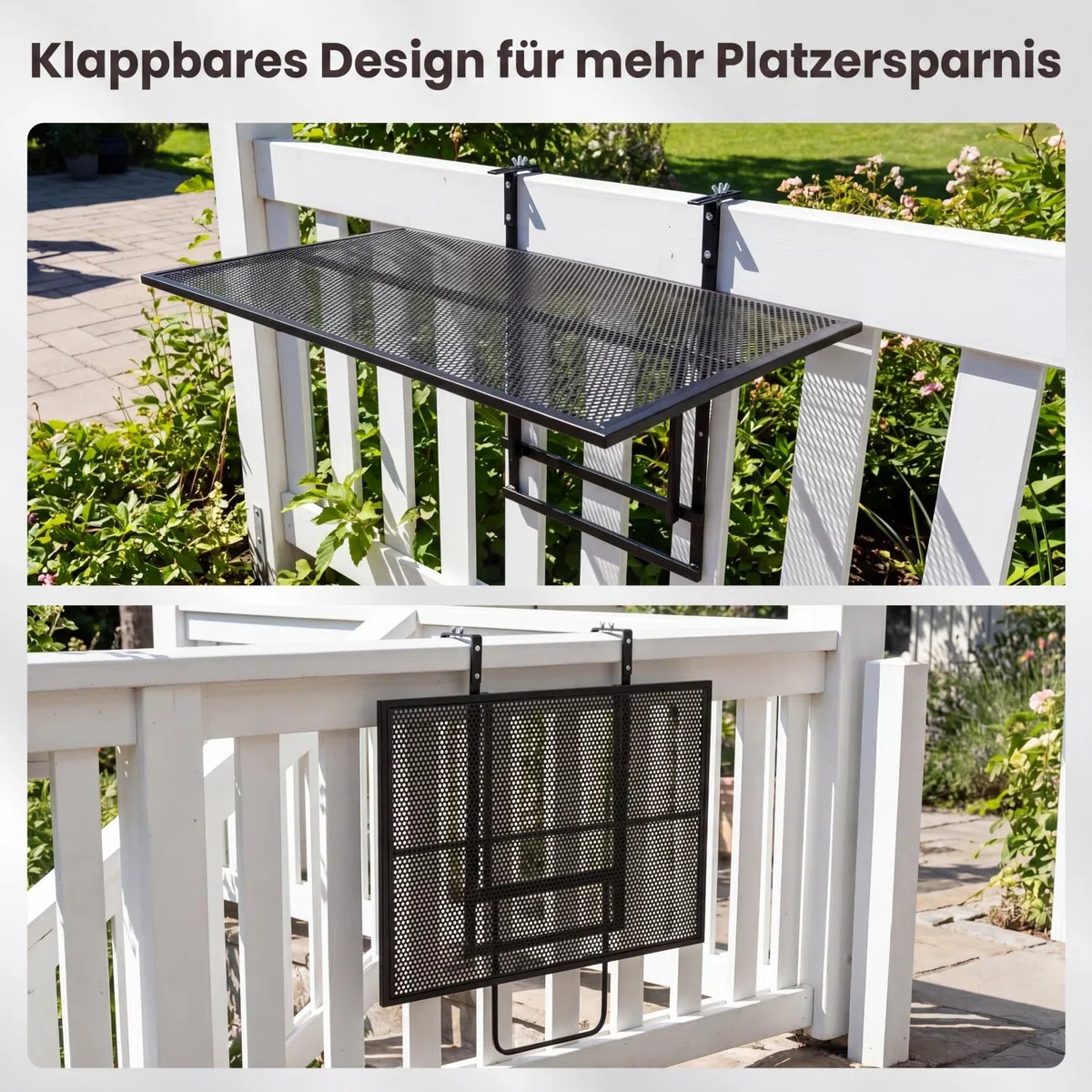 COSTWAY Balkontisch klappbar, 80x50 cm, Balkonhängetisch zum Einhängen, 5-Fach höhenverstellbar, Klapptisch aus Metall, rechteckiger Hängetisch für Balkon, 24 kg Tragfähigkeit, Schwarz