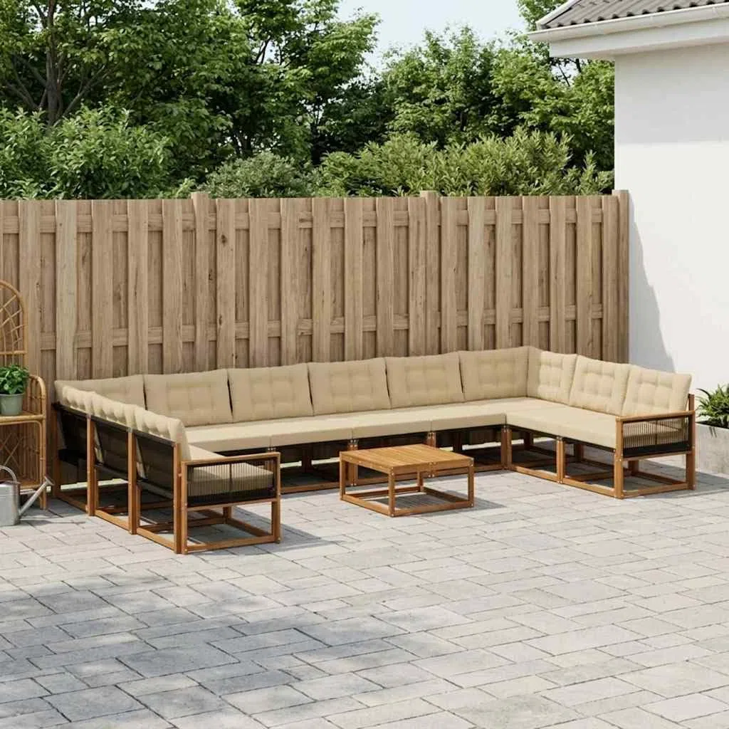 Outdoor-Gartenmöbelgarnitur mit Kissen 11 Teile aus Massivholz und Textilene für Terrasse, Balkon und Garten, wetterfestes Lounge-Set mit Tisch, Sofas, Sesseln und Stauraum