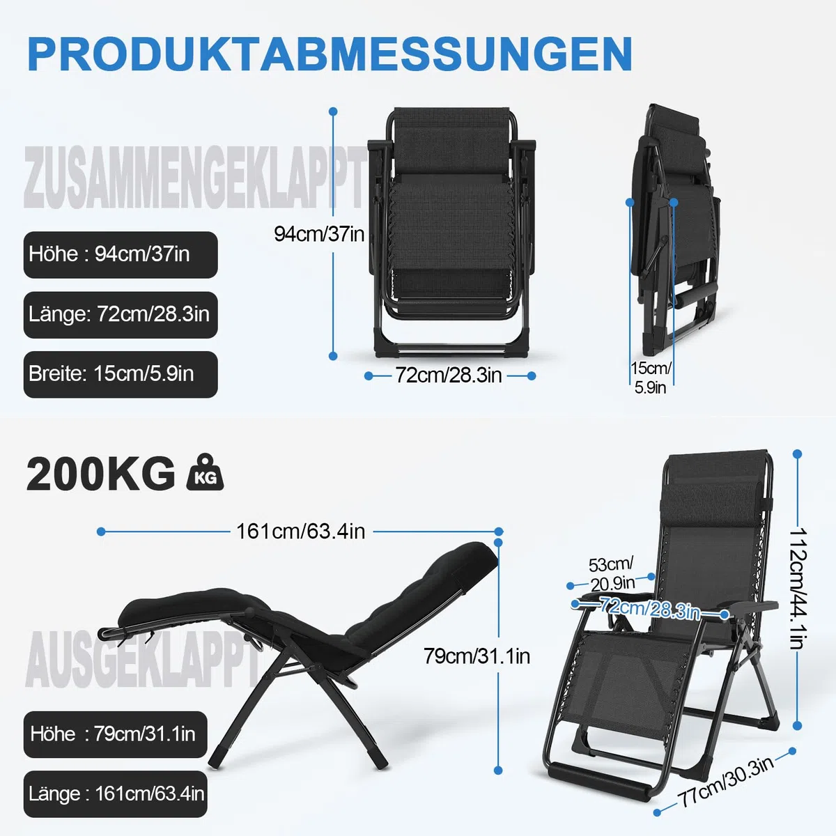 Liegestuhl klappbar, Deckchair,Gartenliege wetterfest,Outdoor Relaxsessel mit Liegefunktion,Verstellbare Rückenlehne, Nackenkissen,200 kg,Sonnenliege klappbar für Balkon,Strand,Pool (Schwarz,72 cm)