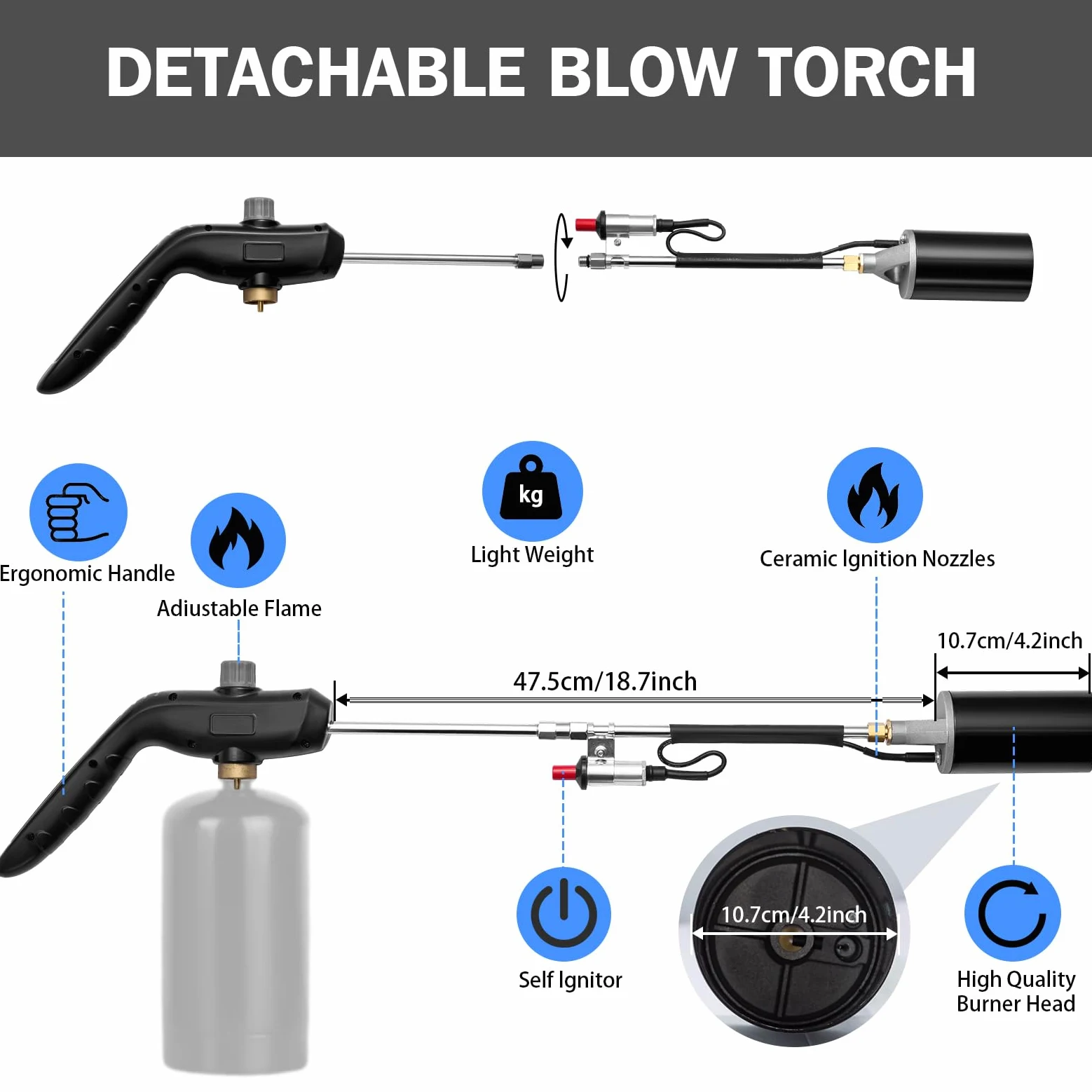 Propanbrenner, Unkrautbrenner, hohe Leistung, 1200.000 BTU Lötlampe mit Flammensteuerung, 76,2 cm, abnehmbarer langer Arm für Dachasphalt, Eis, Schnee, Straßenmarkierung, Anthrazit