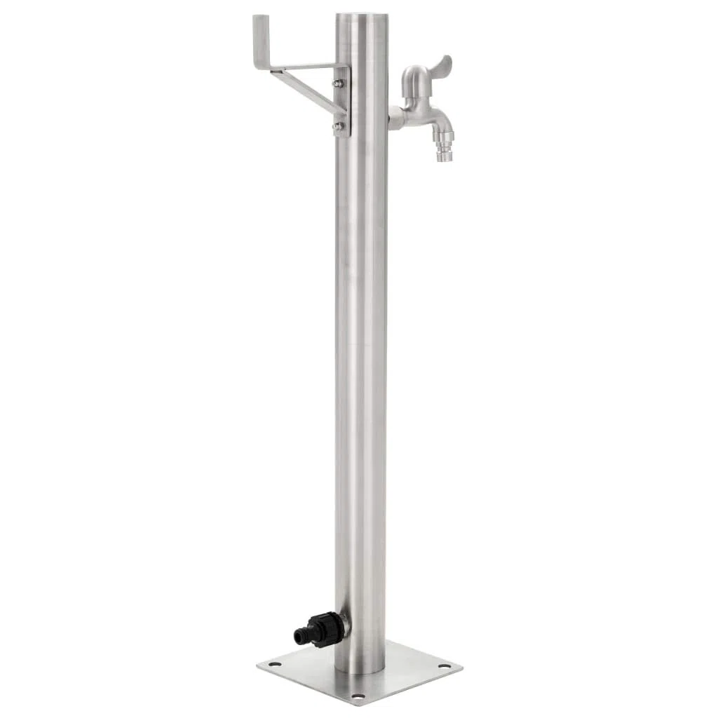 Garten-Wassersäule Edelstahl rund 65 cm mit Wasserhahn, Anschluss für Gartenschlauch und Bewässerungssystem, inklusive Teflonrollen, ideal für Terrasse, Balkon und Beet