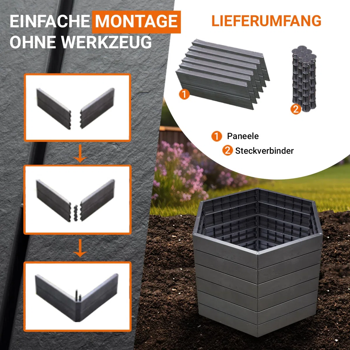 Garantia Ergo Hochbeet Stony L 75 ergonomisches Hochbeet Kunststoff | sechseckig anthrazit für Garten Gemüsebeet Kräuterbeet Pflanzenbeet dekorative Steinoptik wetterfest modular steckbar