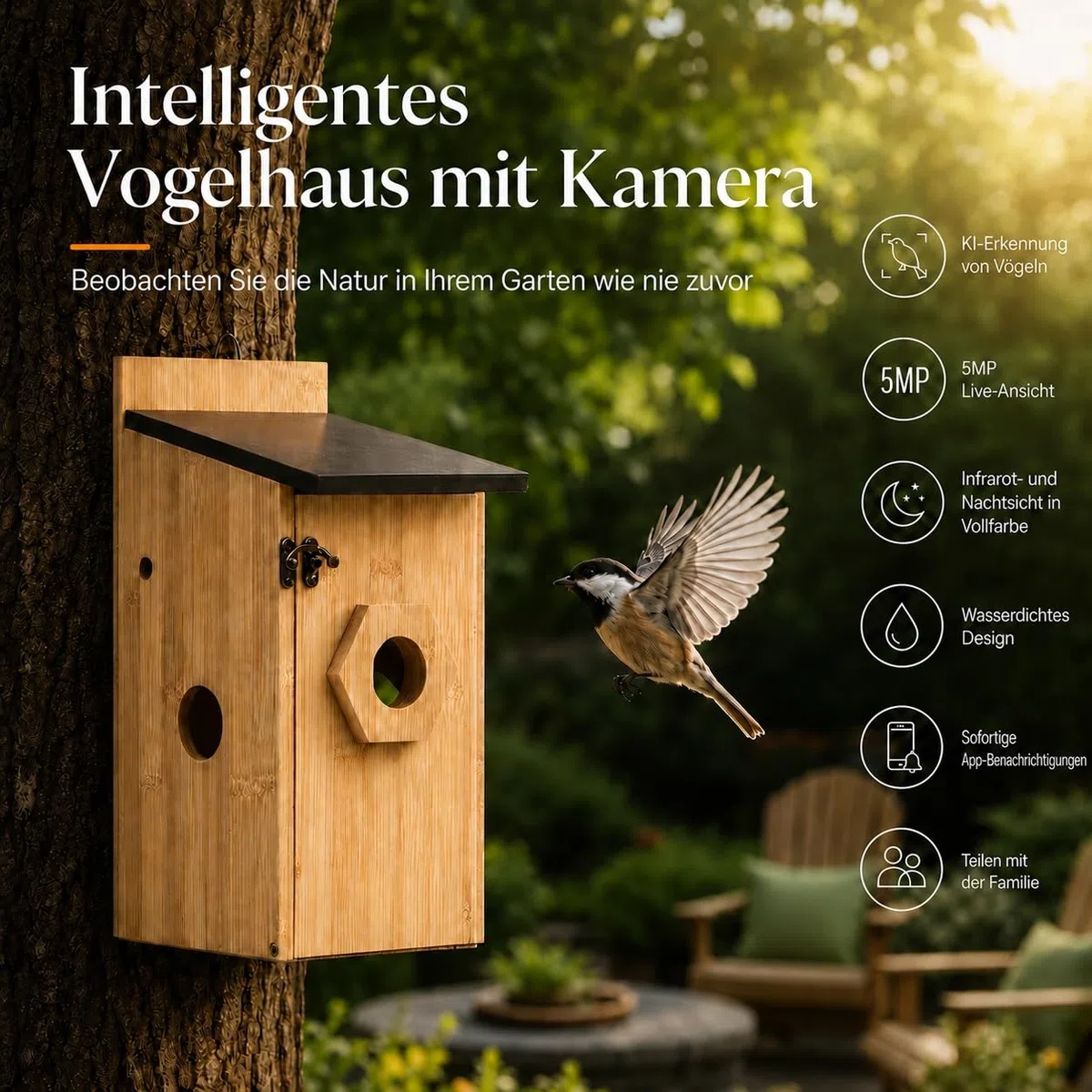 Vogelhaus mit Kamera, 5MP HD Nistkasten für Draußen mit Solarpanel Wetterfest, 2,4G WiFi und Nachtsichtmodul, Smarter Vogelbeobachtung für Wildvögel mit App-Benachrichtigung und Bewegungserkennung