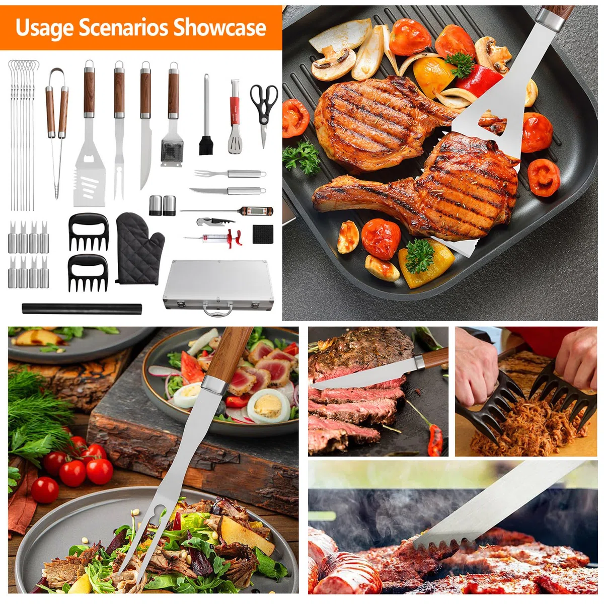 Edelstahl Grillbesteck Set mit BBQ Grillbesteck Koffer Professionelles Grillwerkzeug INKL Grillwender,Grillgabel Grill-Zubehör Tragbares Verschiedene und Komplette Gasgrill BBQ