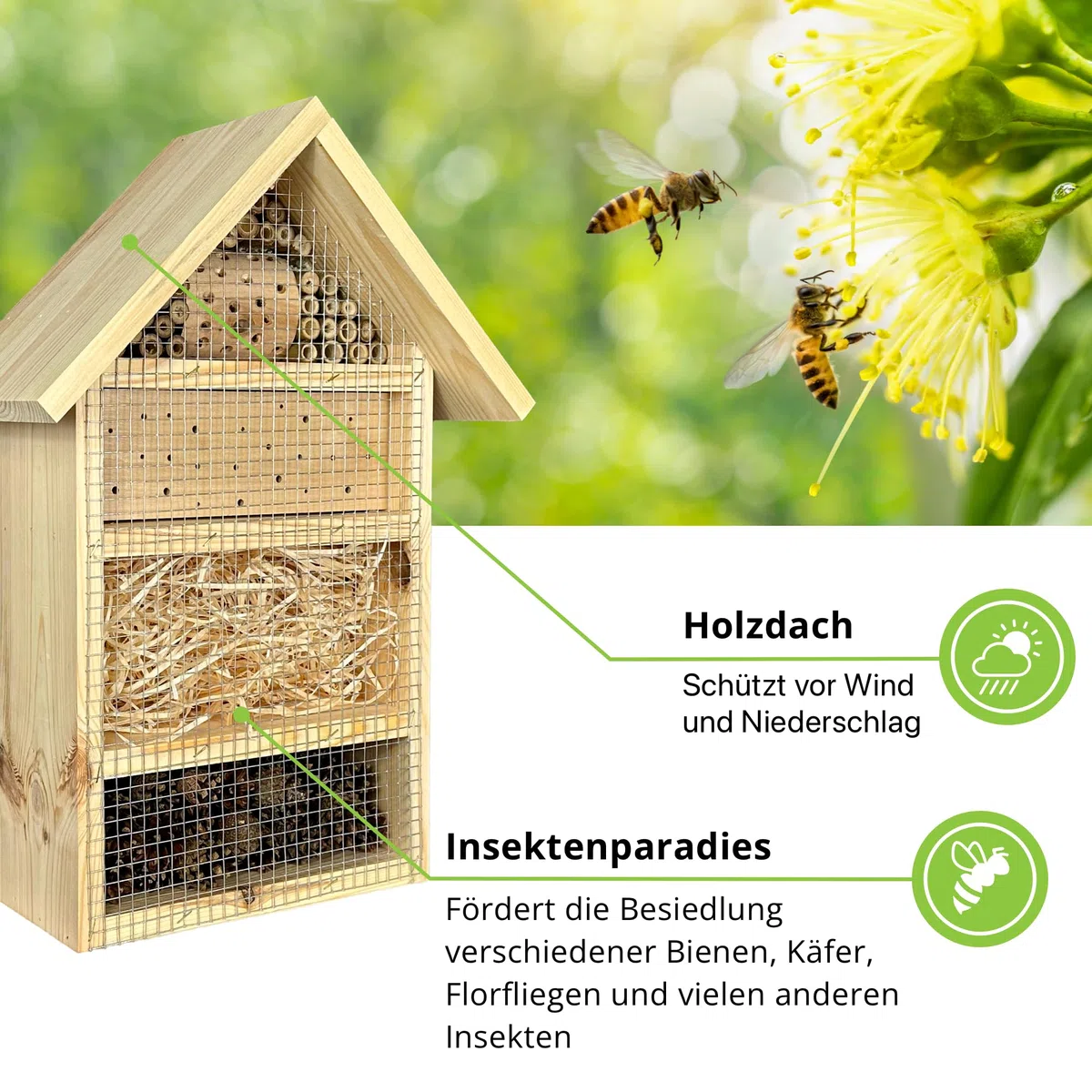 GARTENETAGE Geschenkset Insektenhotel – Nachhaltiges Insektenhotel mit Blumenwiese-Saatgutmischung Gartenliebhaber – Natürliche Materialien, fertig montiert, mit Holzpfählen